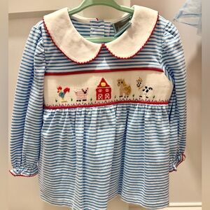 Smocked Blue Striped Farm Animal Tunic NWT 3t